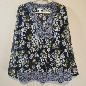 J. Jill Navy Blue Floral And Lace Blouse With Mother Of Pearl Button Detail Sz M
